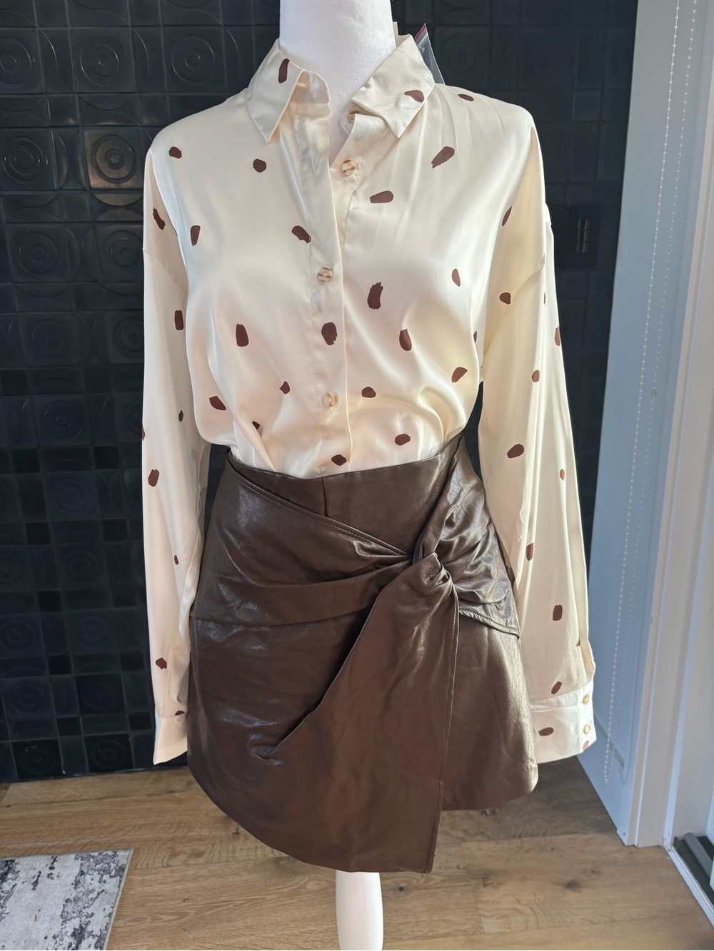 mine Cream Satin Blouse with Brown Spot Print - Women